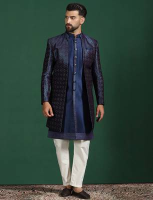 Navy Blue Indo-Western Sherwani With Kurta Pajama In Front Open Style 2