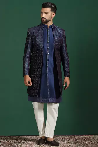 Navy Blue Indo-Western Sherwani With Kurta Pajama In Front Open Style