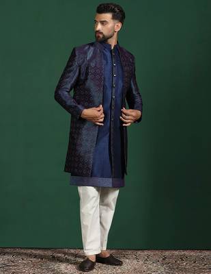 Navy Blue Indo-Western Sherwani With Kurta Pajama In Front Open Style 3