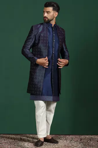 Navy Blue Indo-Western Sherwani With Kurta Pajama In Front Open Style