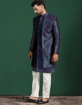 Navy Blue Indo-Western Sherwani With Kurta Pajama In Front Open Style 4