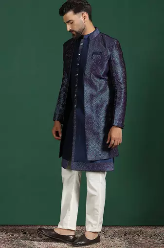 Navy Blue Indo-Western Sherwani With Kurta Pajama In Front Open Style