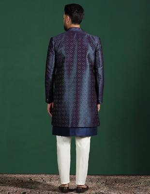 Navy Blue Indo-Western Sherwani With Kurta Pajama In Front Open Style 5