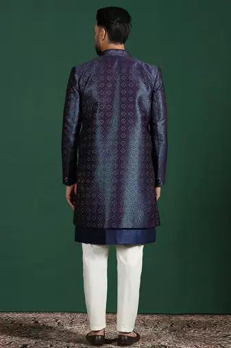 Navy Blue Indo-Western Sherwani With Kurta Pajama In Front Open Style
