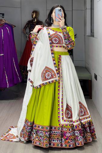 Parrot Green Cotton Gamthi Work Navratri Wear Lehenga Choli