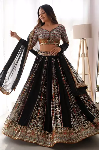 Stylish Black Georgette Sequins Embroidered Wedding Wear Lehenga Choli