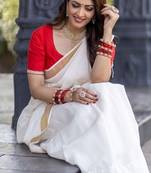 linen cotton white and gold zari kerela saree with unstitched blouse