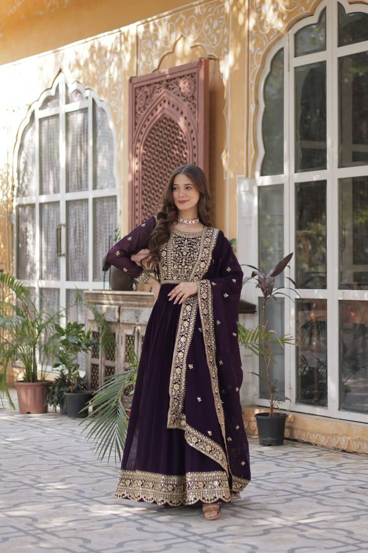 Deep wine faux with zari & sequin embroidery Anarkali With Dupatta