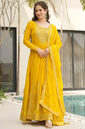 Mustard yellow faux blooming anarkali gown