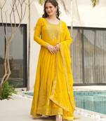 Mustard yellow faux blooming anarkali gown