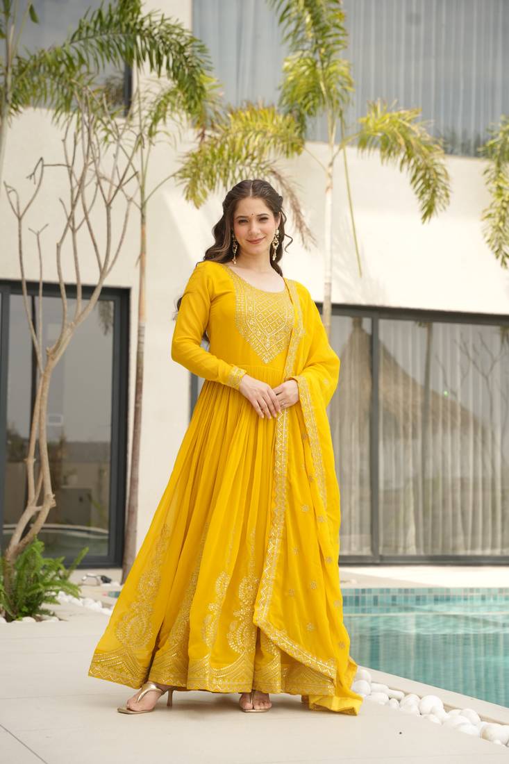 Mustard yellow faux blooming anarkali gown