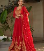 Red faux blooming anarkali gown