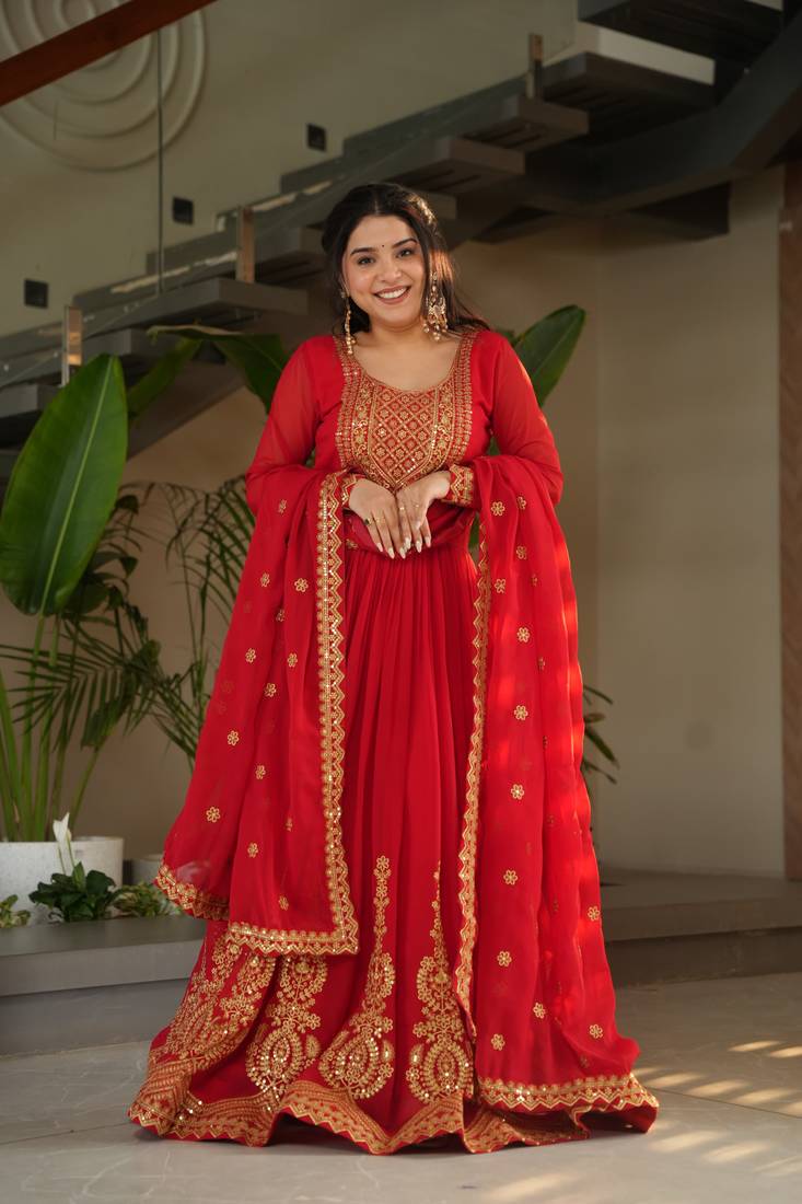 Red faux blooming anarkali gown