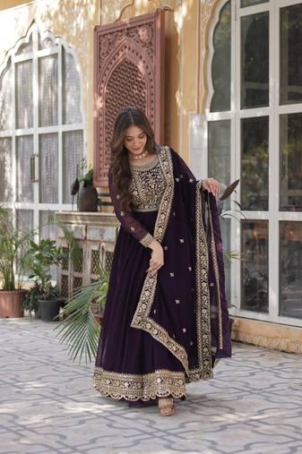 Deep wine faux with zari & sequin embroidery Anarkali With Dupatta
