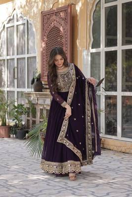 Deep wine faux with zari & sequin embroidery Anarkali With Dupatta 1