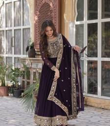 Deep wine faux with zari & sequin embroidery Anarkali With Dupatta