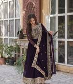 Deep wine faux with zari & sequin embroidery Anarkali With Dupatta