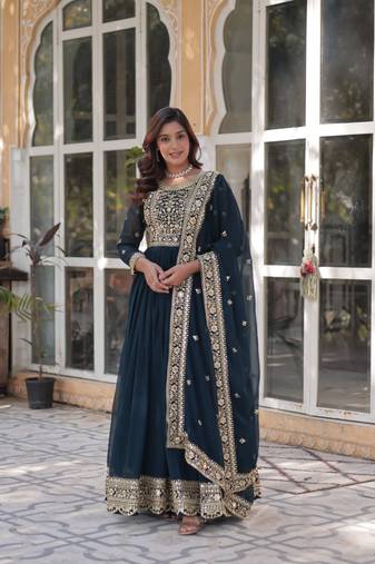 Midnight blue faux blooming anarkali gown