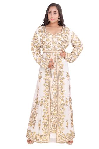 Ethnic Luxe White Moroccan Stitched Kaftan with Gold Embroidered Design Work 