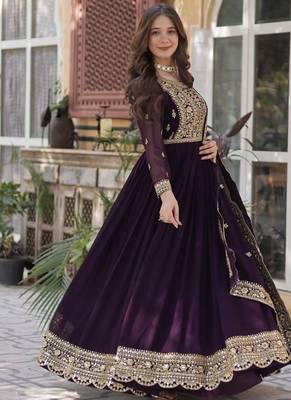 Deep wine faux with zari & sequin embroidery Anarkali With Dupatta 4
