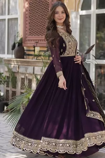 Deep wine faux with zari & sequin embroidery Anarkali With Dupatta