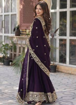 Deep wine faux with zari & sequin embroidery Anarkali With Dupatta 5