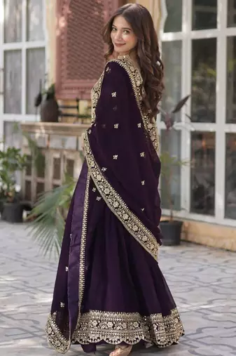 Deep wine faux with zari & sequin embroidery Anarkali With Dupatta