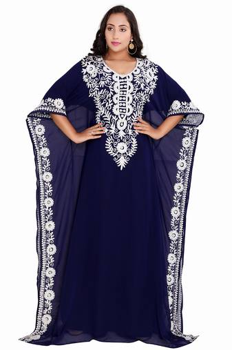 Graceful Navy Blue Georgette Stitched Kaftan with Classic White Embroidery and Batwing Sleeves