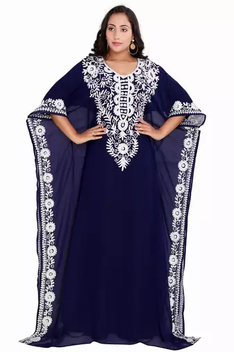 Graceful Navy Blue Georgette Stitched Kaftan with Classic White Embroidery and Batwing Sleeves