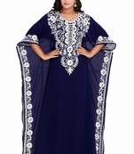 Graceful Navy Blue Georgette Stitched Kaftan with Classic White Embroidery and Batwing Sleeves