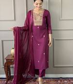 Purple embroidery viscos stiched straight kurta pant set with dupatta