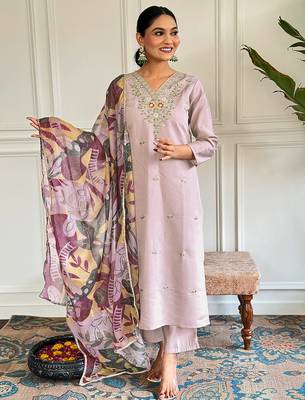 Women's beige chanderi with cotton lining embroidered straight kurta with chanderi pant and taby printed dupatta sets 1