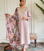 Women's beige chanderi with cotton lining embroidered straight kurta with chanderi pant and taby printed dupatta sets