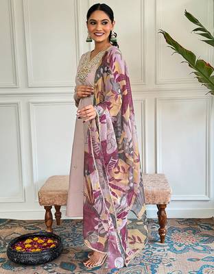 Women's beige chanderi with cotton lining embroidered straight kurta with chanderi pant and taby printed dupatta sets 3