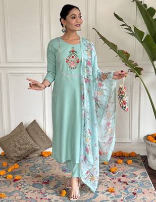 Women's firozi rayon embroidered straight kurta with rayon pant and silk printed dupatta sets 1