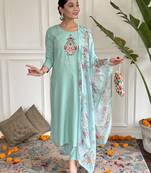 Women's firozi rayon embroidered straight kurta with rayon pant and silk printed dupatta sets
