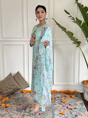 Women's firozi rayon embroidered straight kurta with rayon pant and silk printed dupatta sets 2
