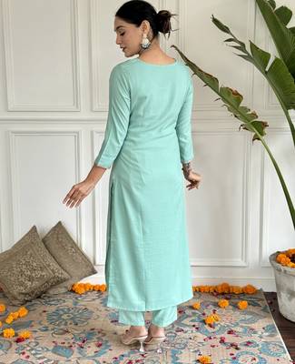 Women's firozi rayon embroidered straight kurta with rayon pant and silk printed dupatta sets 3