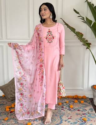 Women's peach rayon embroidered straight kurta with rayon pant and silk printed dupatta sets 1