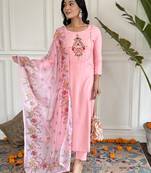 Women's peach rayon embroidered straight kurta with rayon pant and silk printed dupatta sets