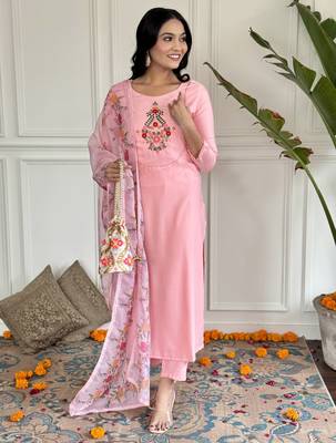 Women's peach rayon embroidered straight kurta with rayon pant and silk printed dupatta sets 2