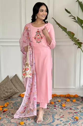 Women's peach rayon embroidered straight kurta with rayon pant and silk printed dupatta sets