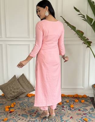 Women's peach rayon embroidered straight kurta with rayon pant and silk printed dupatta sets 3