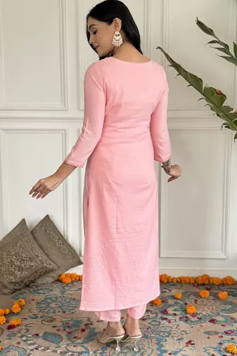 Women's peach rayon embroidered straight kurta with rayon pant and silk printed dupatta sets