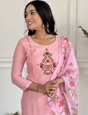 Women's peach rayon embroidered straight kurta with rayon pant and silk printed dupatta sets 4