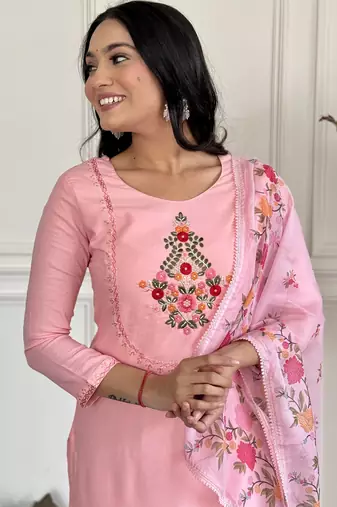 Women's peach rayon embroidered straight kurta with rayon pant and silk printed dupatta sets