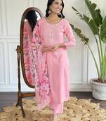 Women's pink rayon slub embroidered straight kurta with rayon slub pant and silk printed dupatta sets