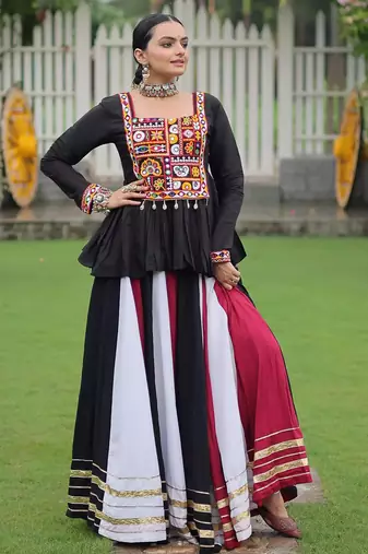 White Rayon Gamthi Work Navratri Wear Peplum Top With Lehenga