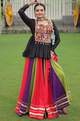 Red Rayon Kutchi Work Navratri Wear Pelpum Top With Lehenga
