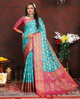 Firozi weaving zari work organza silk party wear saree with blouse 1